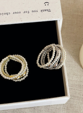 多层珍珠串珠叠戴戒指女