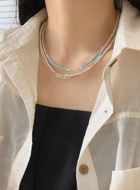 彩色珠子碎银手链短锁骨项链