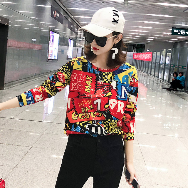 Chic super hot sweater 2021 autumn new European and American fashion brand Harajuku printing loose and thin long-sleeved top women