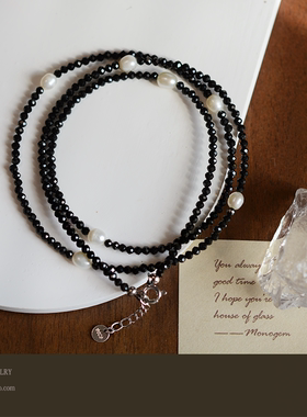 纯银淡水珍珠黑尖晶石项链原创