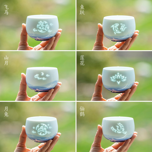 山水间远山手绘山月玲珑品茗杯主人杯景德镇陶瓷功夫茶杯中式茶器 - 图2