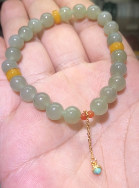 （金标026)天然和田玉手串卡8mm配蜜蜡绿松滴流原88元