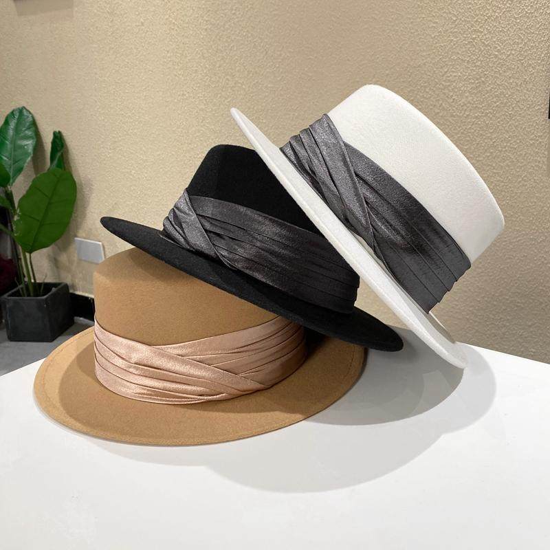 法式名媛风气质短檐平顶礼帽女复古百搭网红白色爵士帽绸缎毛呢帽,淘宝优惠券,粉丝福利购,淘宝优惠卷