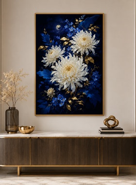 纯手绘厚肌理月夜蓝金山水油画