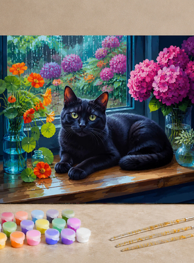 繁花黑猫 diy数字油画手工填色复古花卉猫咪手绘油彩画客厅装饰画