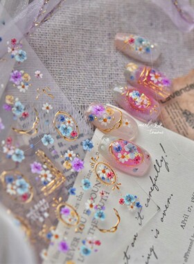 轻奢金属框碎花美甲贴纸复古油画风彩色小花指甲贴花饰品素材