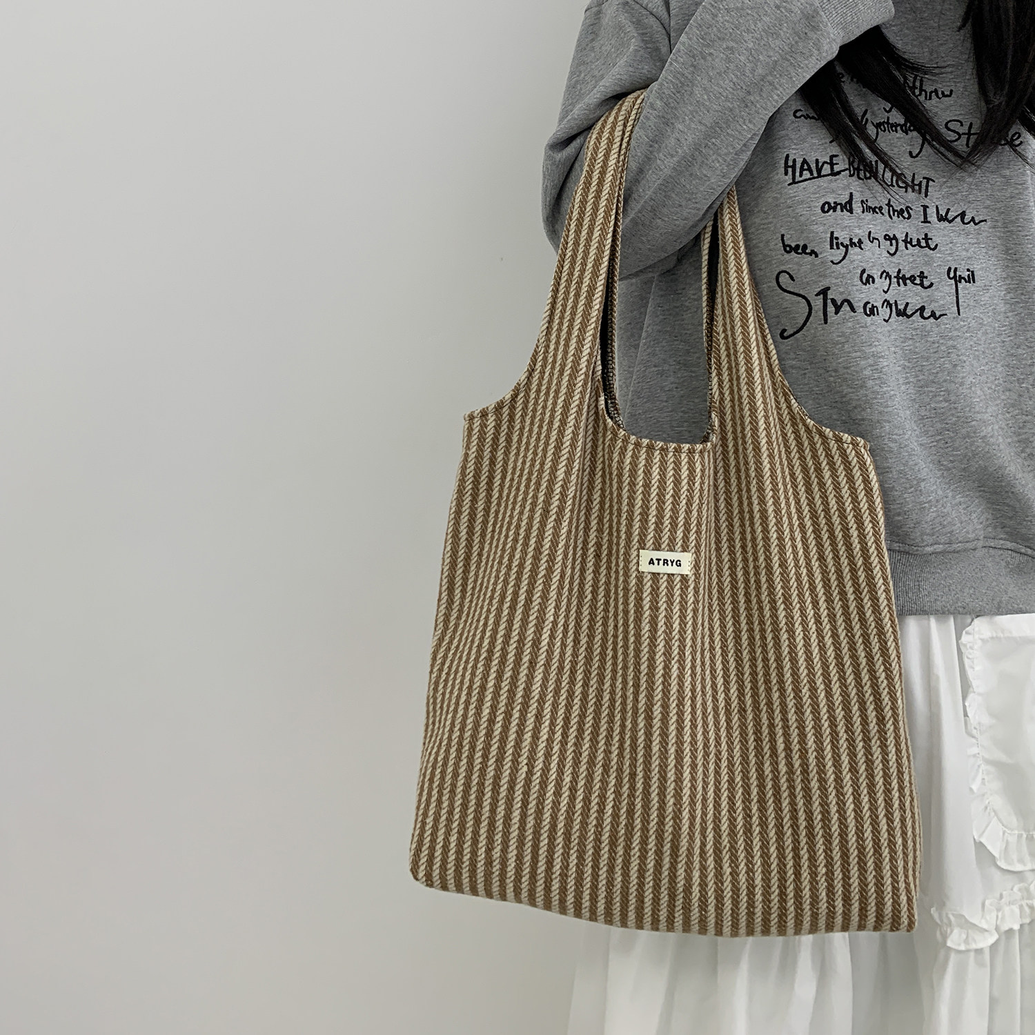 韩系毛呢条纹帆布包女加厚秋冬学生百搭单肩上班通勤大容量手提袋,淘宝优惠券,粉丝福利购,淘宝优惠卷