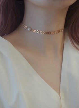 珍珠短款项链女月桂枝小众设计品