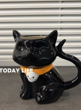 外贸出口 孤品 暗黑系黑猫咪陶瓷马克杯 水杯 可当笔筒装饰摆件