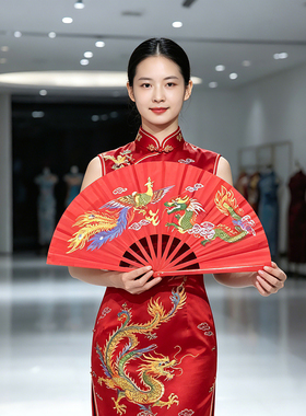 红扇子中国风走秀跳舞折扇好开合