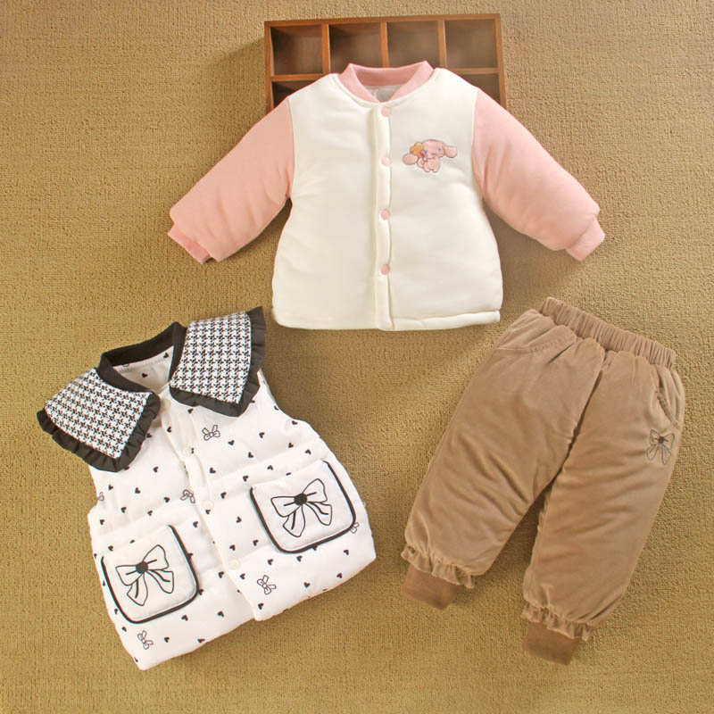 一1岁半女宝宝秋冬装洋气新款加厚棉衣袄三件套童婴儿服外套装季2-图0