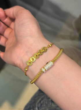 超闪碎碎冰金色金币手链纯银