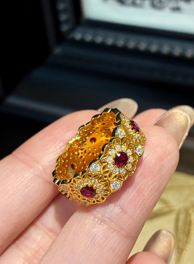 复古镂空窗花红宝石金戒指女宽版