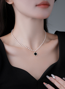 秋冬新款小米珠黑色四叶草项链