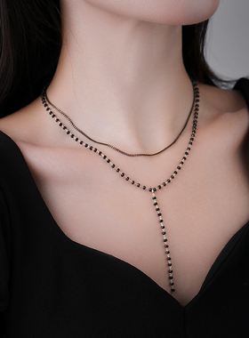 简约黑色双层叠戴Y字流苏项链