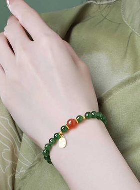 新中式国潮风天然和田玉碧玉圆珠单圈手串女款玉石手链礼物