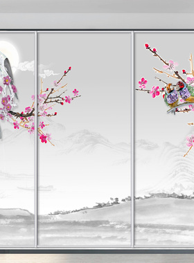 现代中式花鸟衣柜贴定做推拉移门