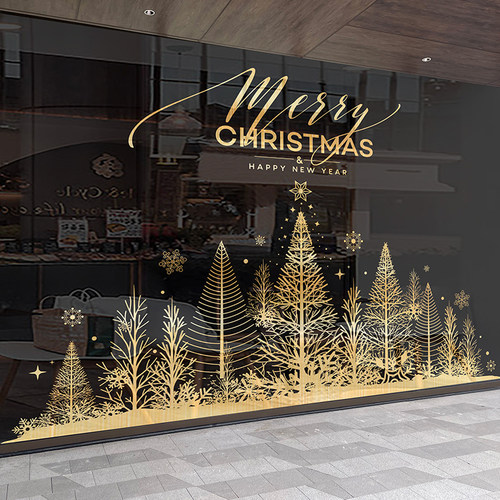 圣诞树窗花圣诞玻璃贴纸圣诞节静电帖窗贴门贴场景布置金色装饰品 - 图2