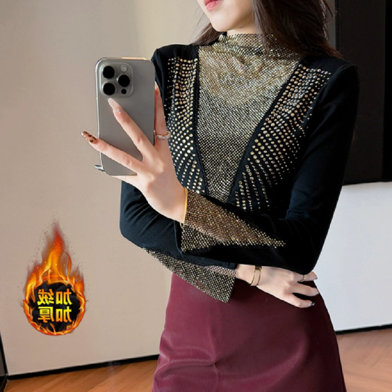 YX-895秋冬加厚保暖磨毛V领镶钻修身显瘦设计感半高领打底衫女,淘宝优惠券,粉丝福利购,淘宝优惠卷