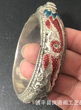 复古纯铜鎏银镶嵌景泰蓝镂空龙头手镯 铜工艺品摆件 仿老物件