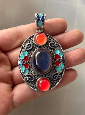 古玩杂项复古做旧藏银吊坠景泰蓝镶嵌感温变色宝石 项链坠配饰