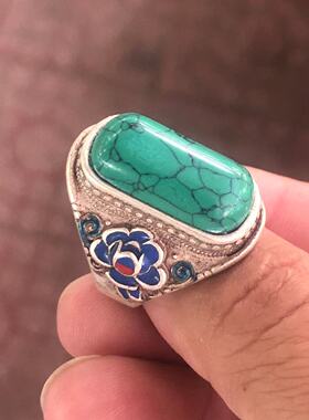 古玩杂项藏银景泰蓝镶嵌绿松石戒指 复古做旧可调节男女款戒指