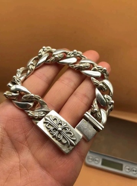 做旧白铜镀银手链嘻哈风925银