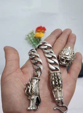 做旧白铜镀银手工铸造双龙头手链手镯戒指一套925银手链男人手链
