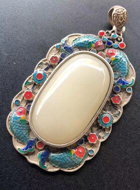 古玩杂项复古做旧藏银镶嵌景泰蓝白色玉方牌吊坠挂件工艺品