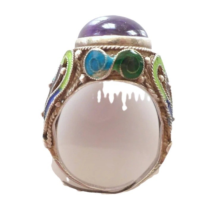 Chinese retro aged cloisonné jewelry open ring bracelet set with stones ethnic style literary trend accessories set
