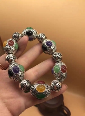 做旧白铜镀银苗族银手工雕刻镶嵌银链手链男女霸气银饰手镯现货