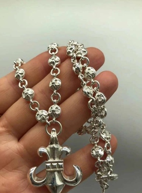 做旧白铜镀银男士吊坠项链潮流嘻哈颈链生日礼物925银