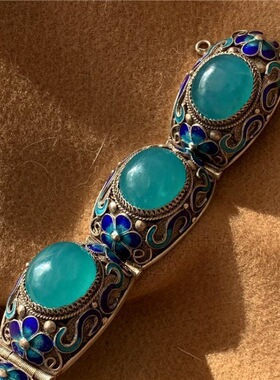 高档蓝绿手工制作花丝天河石银手镯吊坠戒指套装女中式复古手链