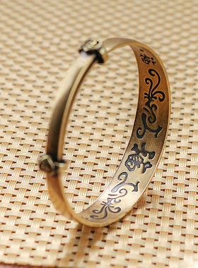 民族风黄铜手镯花卉古铜色推拉龙凤手镯子男女潮流满天星复古手环