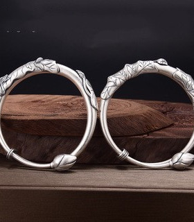 足银复古典雅气质名族风 荷塘月色鲤鱼莲蓬手镯推拉扣女饰时尚