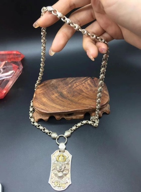 做旧白铜镀银苗族银手工雕刻狮子头银链项链男女霸气银饰项链现货