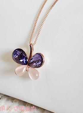 饰品玫瑰金紫色水晶蝴蝶短链