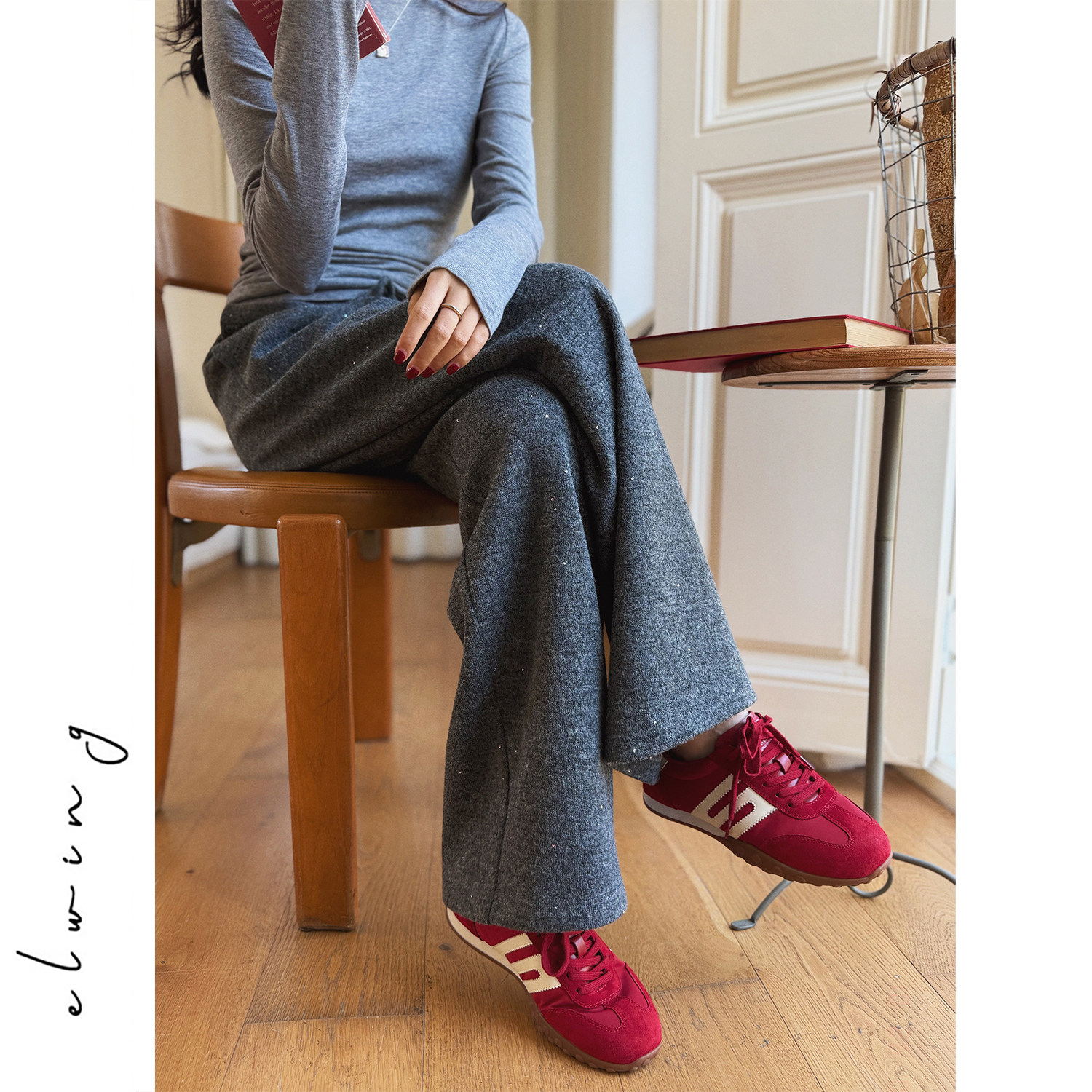 Elwing原创轻奢星空羊毛亮片针织羊毛简洁直筒阔腿西装裤卫裤