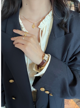 Elwing原创925纯银镀18k金复古人像浮雕蛇骨链项链吊坠