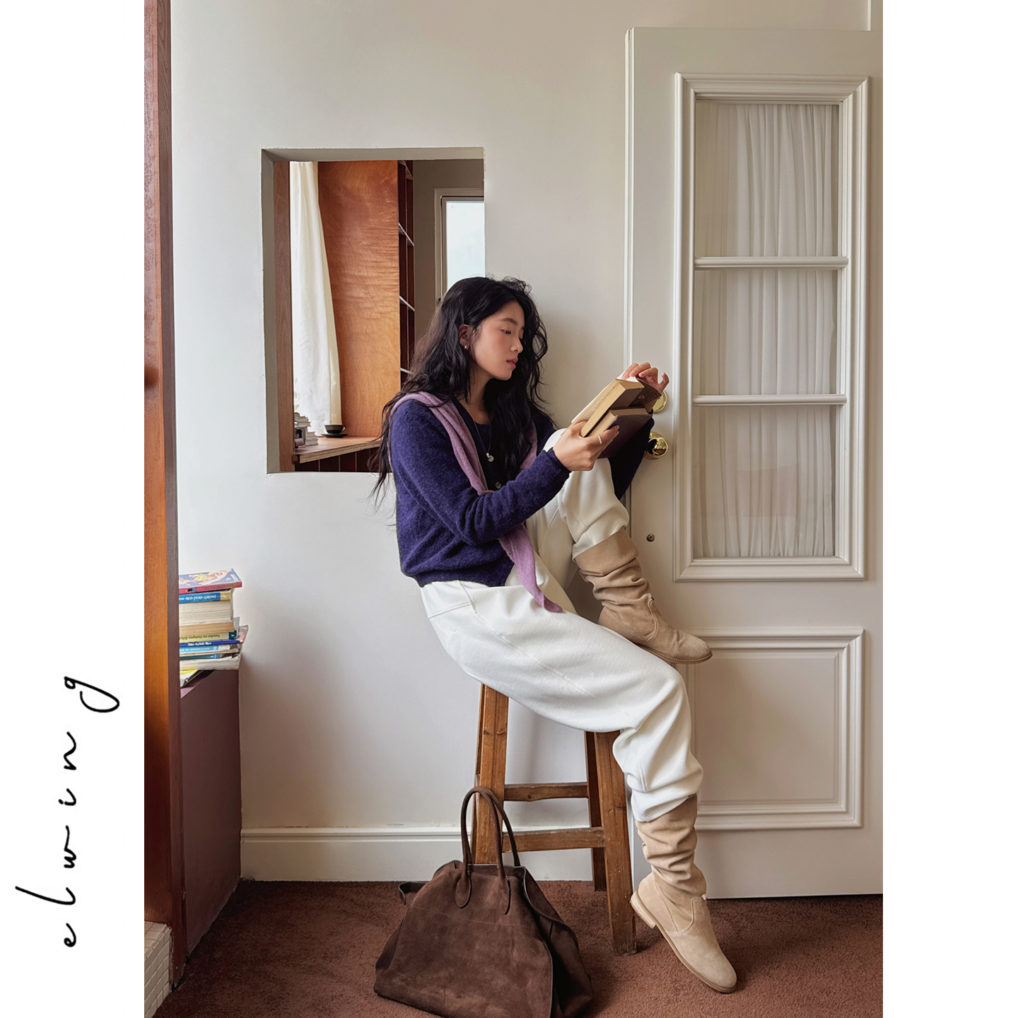 Elwing原创羊驼毛羊毛蓬松柔软保暖圆领针织开衫