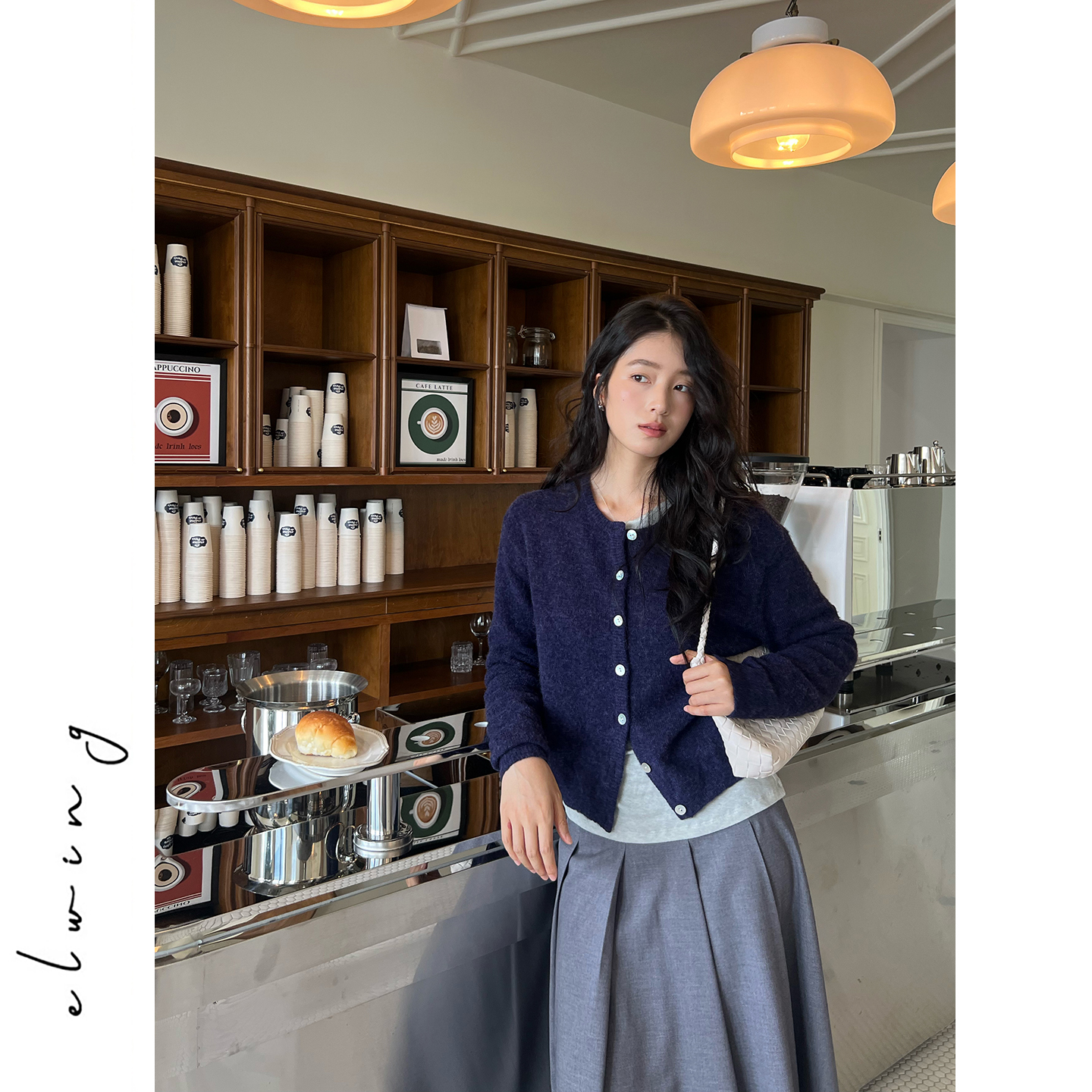 Elwing原创羊驼毛羊毛蓬松柔软保暖圆领针织开衫