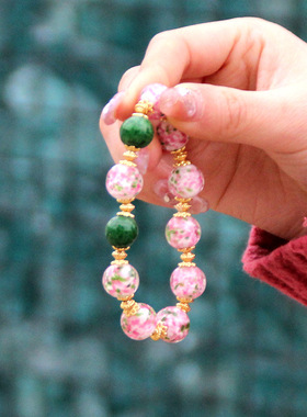 淄博老琉璃手串手工烧制雪巴珠子中古琉璃手链绿点翠粉蛙皮手串