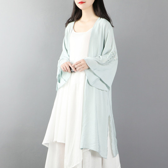 Chinese style retro Hanfu cotton and linen cardigan for women's summer thin medium-length long-sleeved sunscreen shirt with shawl