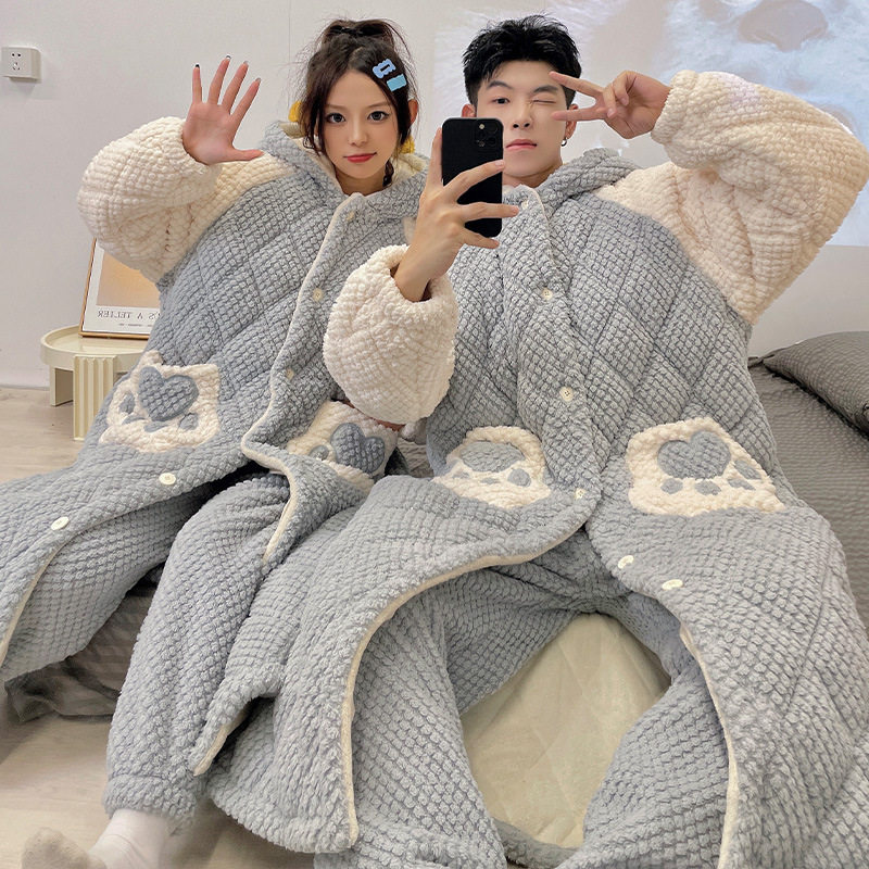 冬季情侣睡衣女三层夹棉加厚保暖睡袍长款珊瑚绒连帽家居服套装,淘宝优惠券,粉丝福利购,淘宝优惠卷