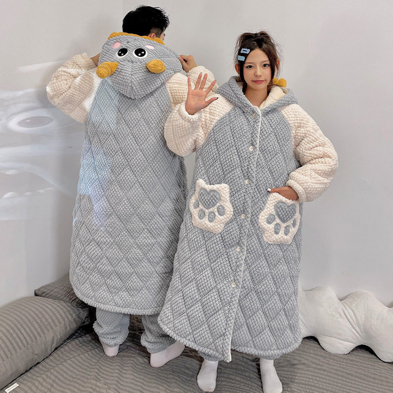 冬季情侣睡衣女三层夹棉加厚保暖睡袍长款珊瑚绒连帽家居服套装,淘宝优惠券,粉丝福利购,淘宝优惠卷