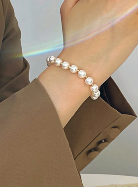 双鱼座银饰纯银珠贝珠手链925正圆极光品质10mm
