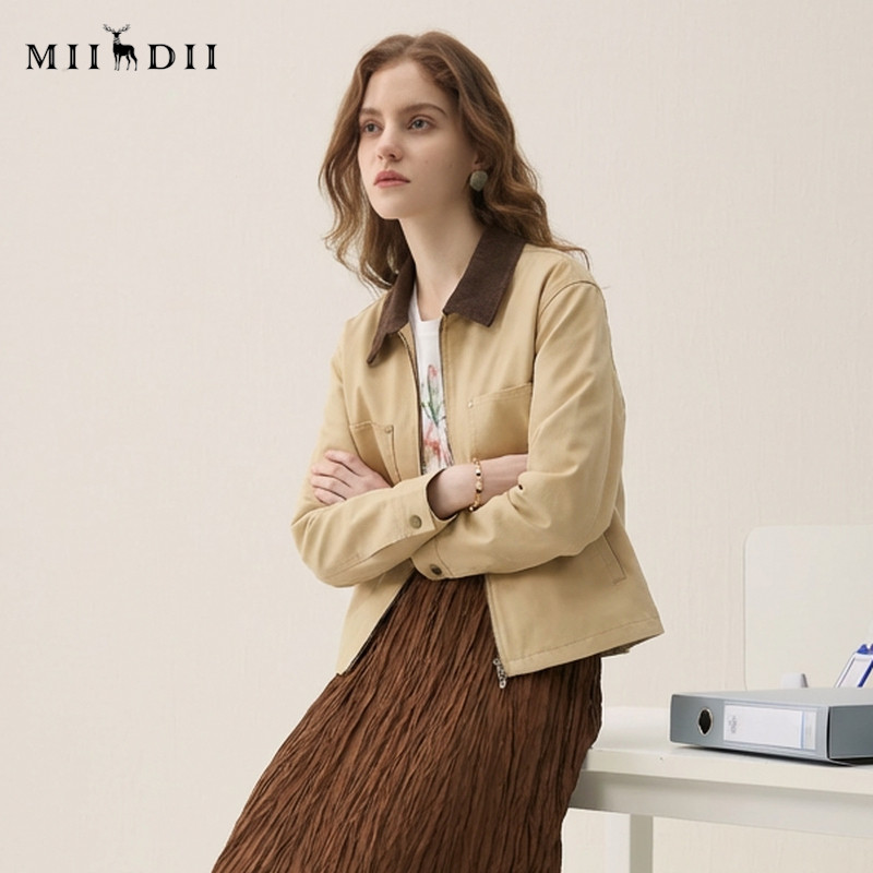 谜底撞色翻领外套长袖2026春季新品工装复古短款夹克女265MW5035,淘宝优惠券,粉丝福利购,淘宝优惠卷