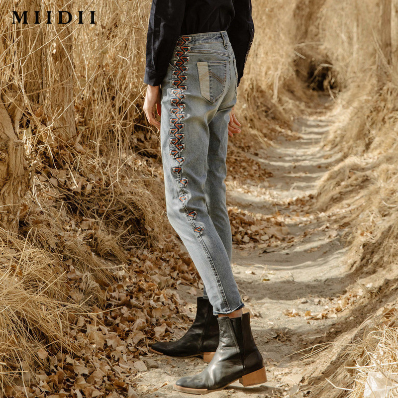 miidii /谜底新品侧缝菱形格牛仔裤 谜底牛仔裤