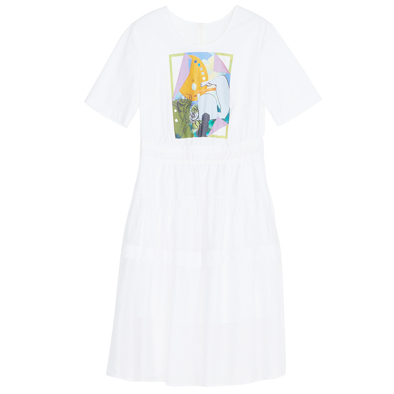 谜底夏季新款甜美白色拼接收腰圆领短袖高腰连衣裙222ML0617 - 图3