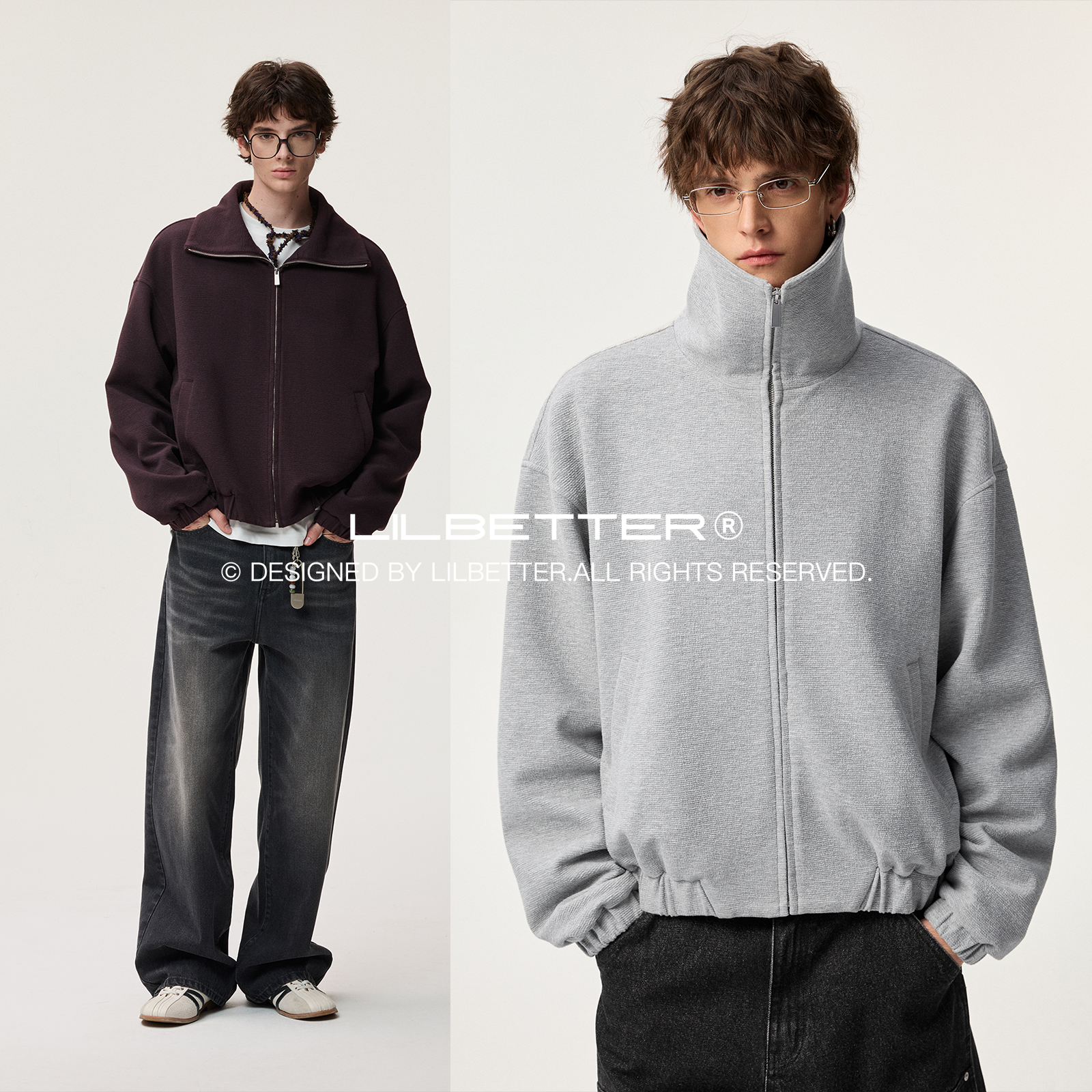 Lilbetter褶皱肌理感针织高领夹克2025秋冬男女同款复古宽松外套 - 图0